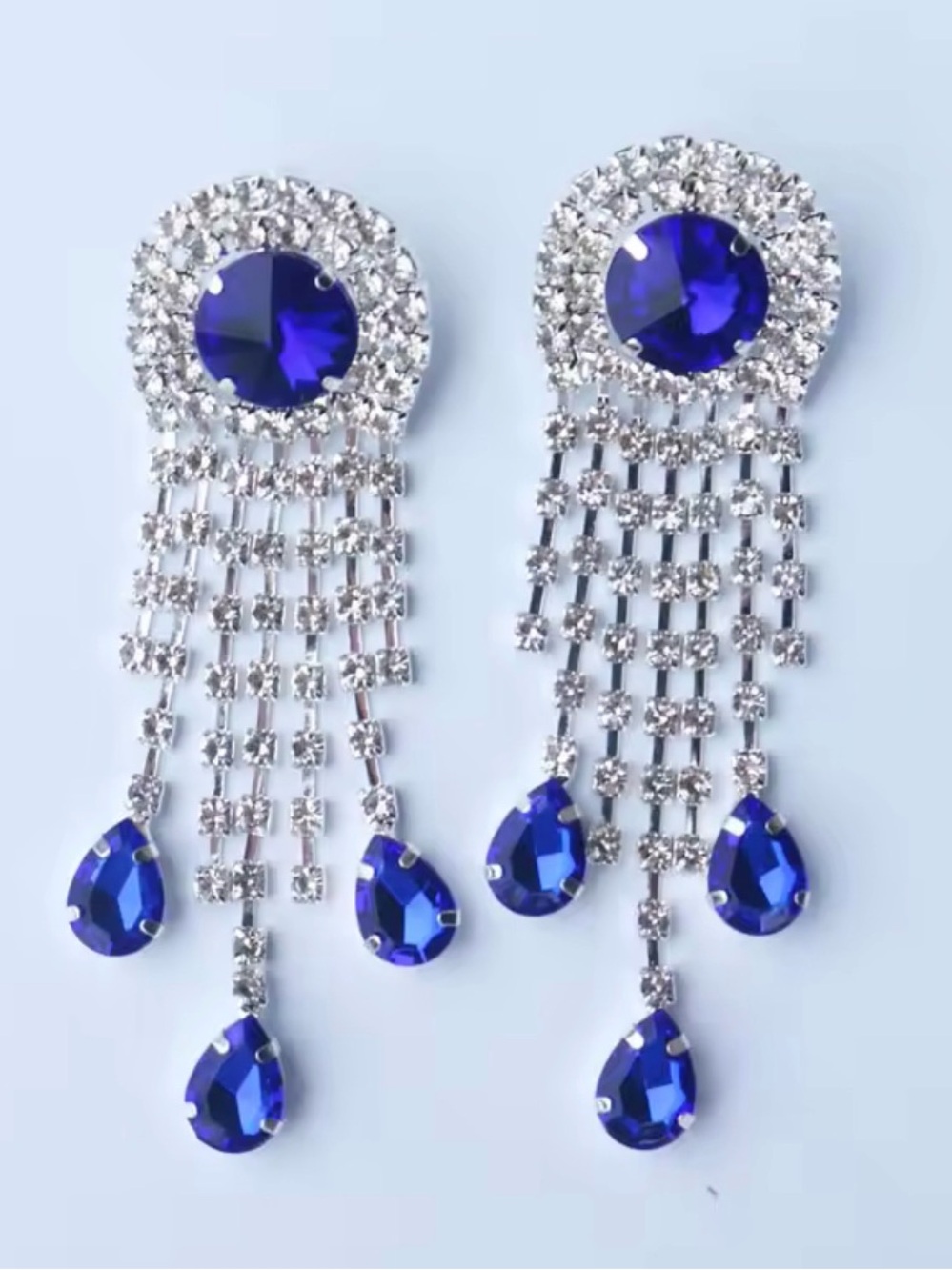 Royal Blue Crystal Fringe Drop Earrings - Women Jewelry